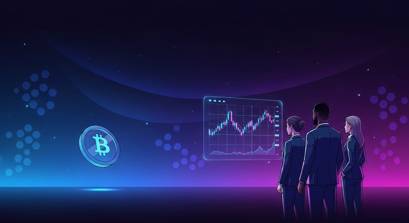 Three people viewing holographic crypto charts with a glowing Bitcoin symbol, representing CryptoBit’s focus on blockchain journalism.