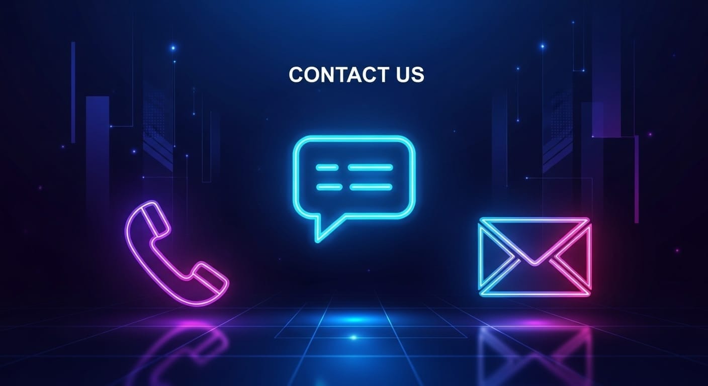 Neon icons for phone, message, and email on a dark tech background, representing CryptoBit’s digital contact methods.