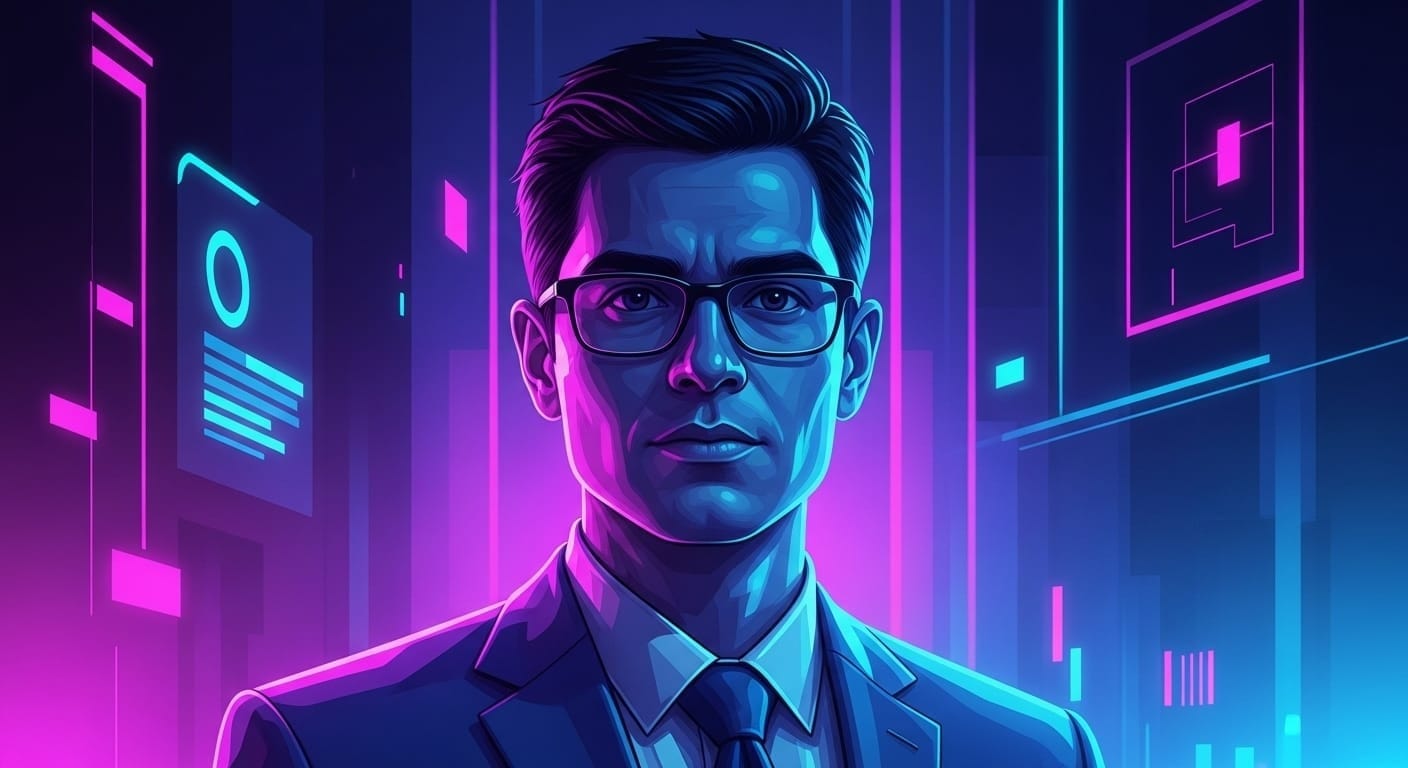 Headshot of a serious male CryptoBit Magazine author in neon blue and magenta lighting, wearing a suit and glasses, with a digital high-tech background.