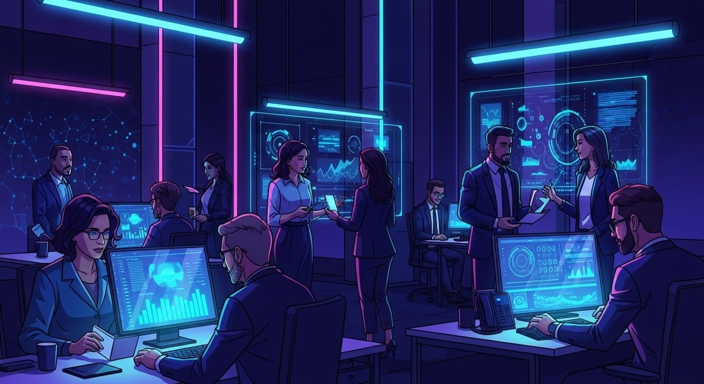 Cyberpunk office scene with professionals analyzing data on glowing screens, showcasing CryptoBit Magazine’s high-tech work environment.