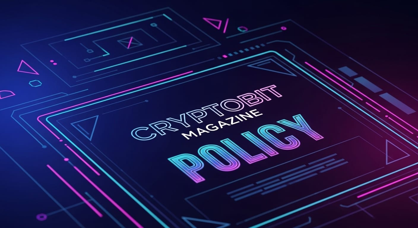 Futuristic neon illustration with "POLICY" text and glowing circuit-like network, symbolizing CryptoBit’s digital publication standards.