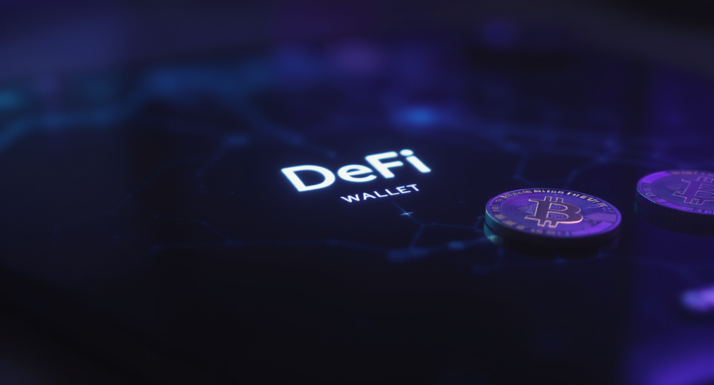 Close-up of illuminated "DeFi WALLET" text on dark screen with blurred golden Bitcoin-style coins and digital network background